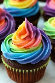 Chocolate Cupcakes with Rainbow Buttercream Frosting | Baked by Rachel